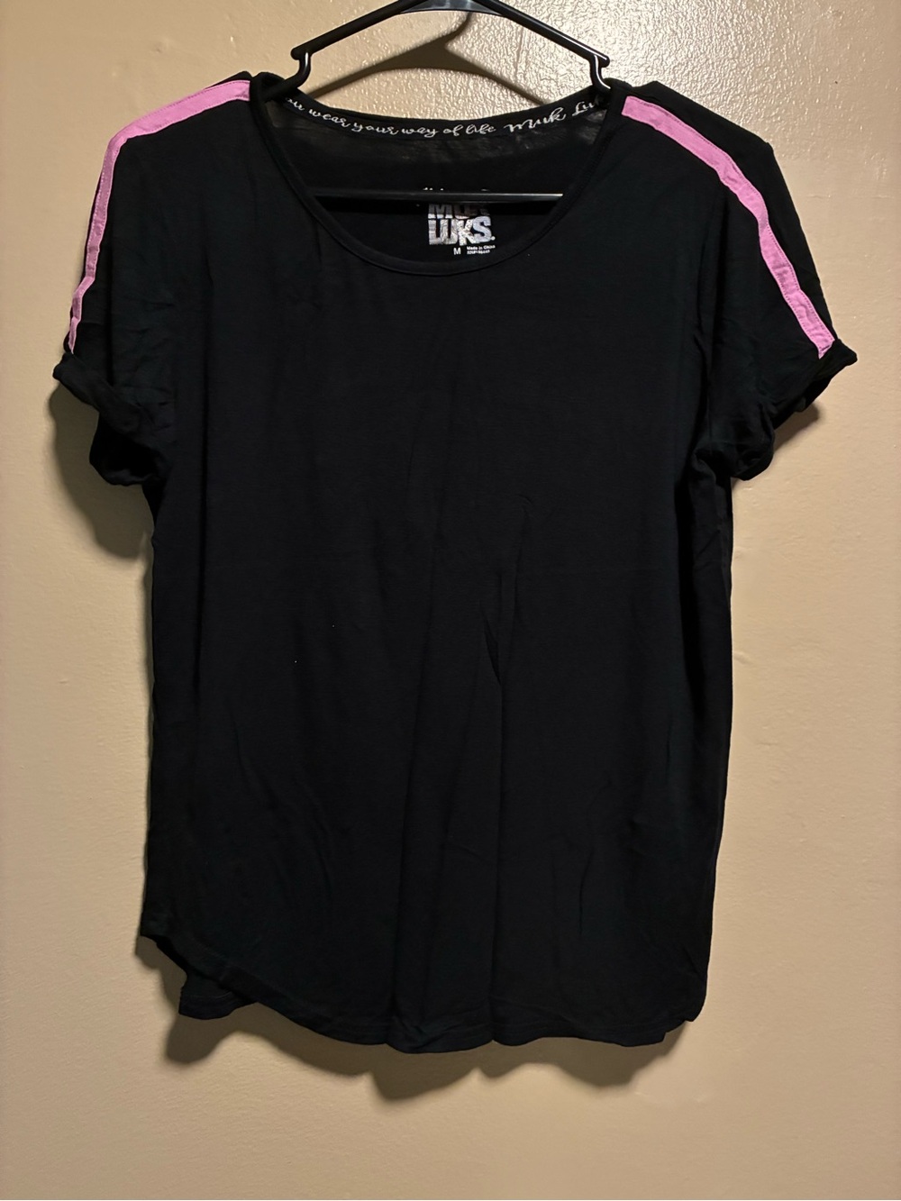 Muk Luks Black Short-Sleeve Tee with Pink Shoulder Stripes